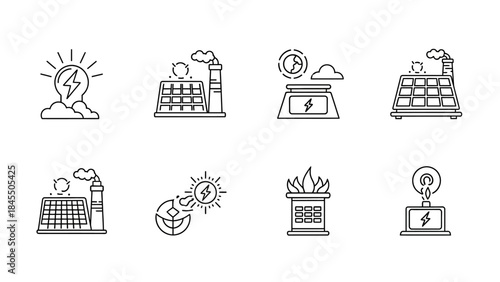 Clean energy sources vector icons solar panels wind turbine and power plants