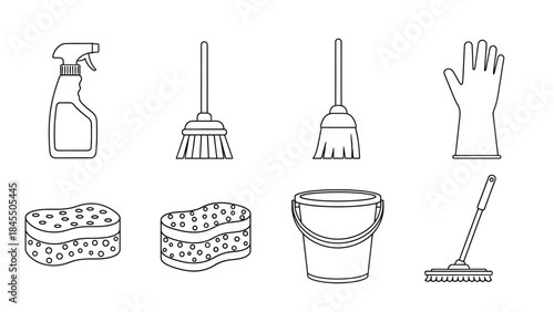 Cleaning supplies collection vector outlines of household hygiene tools