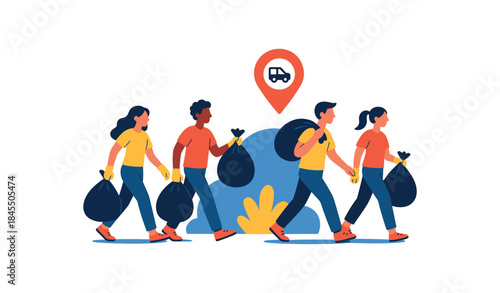 Flat vector illustration of bright volunteers carrying full trash bags to pickup point with small truck icon