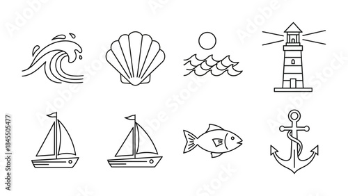 Coastal icons wave seashell sun lighthouse sailboat fish and anchor