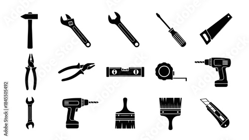 Collection of black and white construction tools isolated on white background