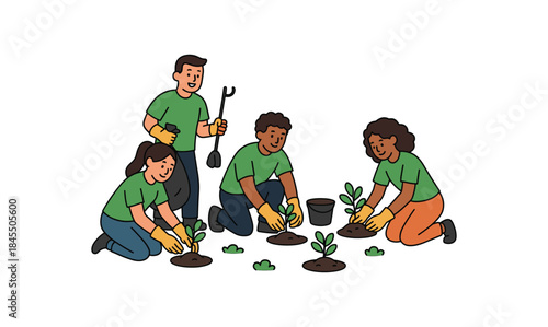 Flat vector illustration of colorful volunteers planting small shrubs after cleanup combining tidy + green action