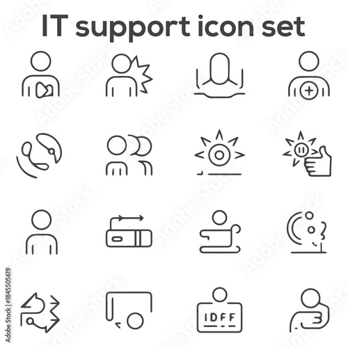 IT Support Icon Set: Technical Assistance, Help Desk, Service Management, Troubleshooting, Customer Care, and Digital Technology Symbols.