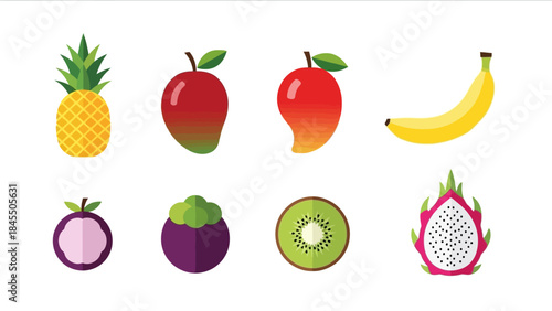 Colorful assortment of fresh tropical fruits isolated on white background