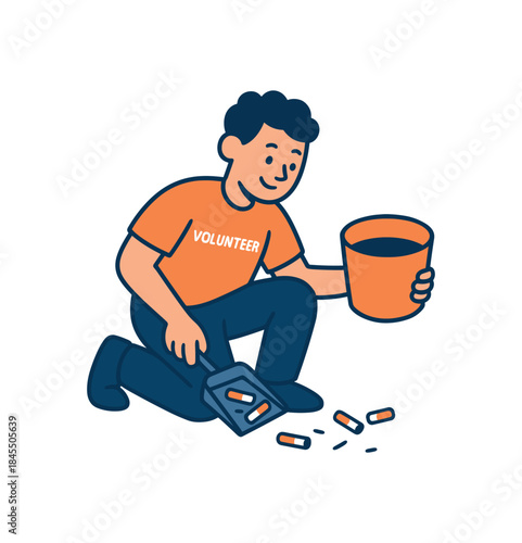 Flat vector illustration of bright volunteer picking up cigarette butts with small scoop into container