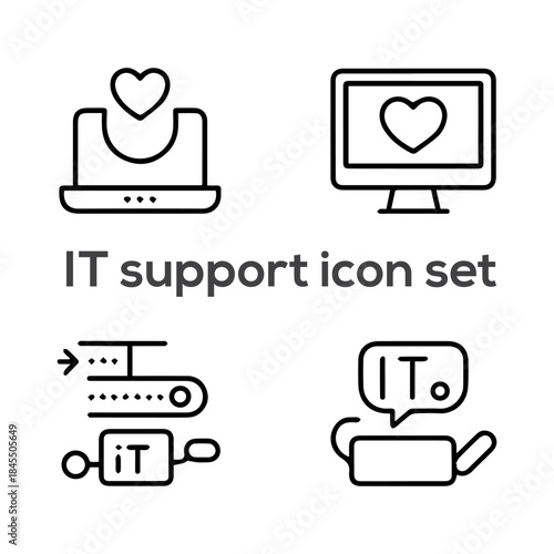 IT Support Icon Set: Technical Assistance, Help Desk, Service Management, Troubleshooting, Customer Care, and Digital Technology Symbols.
