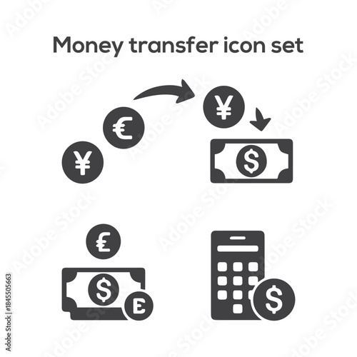 Global Money Transfer Icon Set: Currency Exchange, Cross-Border Remittance, Digital Transaction, and Mobile Banking Payment Service Symbols.