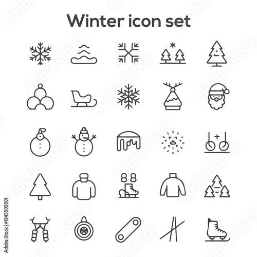 Cozy Winter Holiday Outline Icon Set: Snowflake, Christmas Tree, Santa Claus, Snowman, and Seasonal Activities Vector Graphics