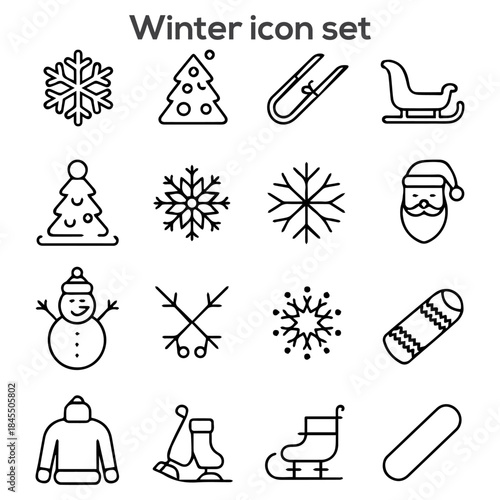 Cozy Winter Holiday Outline Icon Set: Snowflake, Christmas Tree, Santa Claus, Snowman, and Seasonal Activities Vector Graphics