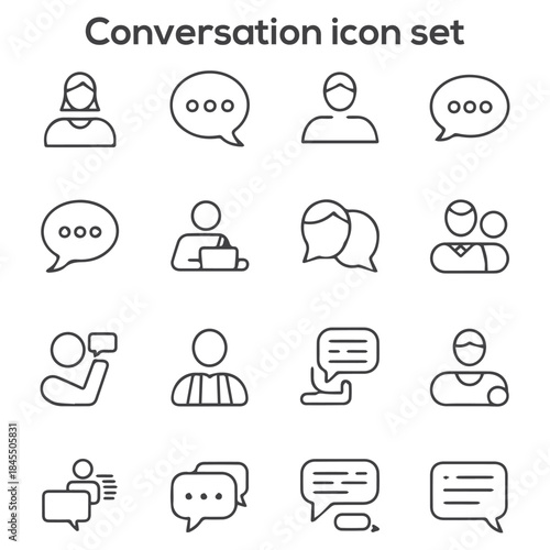 Communication and Conversation Outline Icon Set: Chat Bubble, People Talking, Message, Discussion, and Social Network Vector Graphics