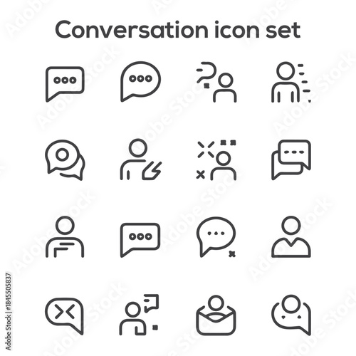 Communication and Conversation Outline Icon Set: Chat Bubble, People Talking, Message, Discussion, and Social Network Vector Graphics