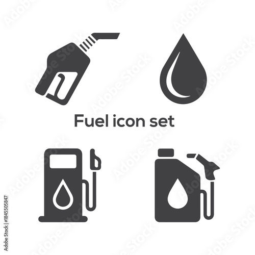 Fuel and Energy Solid Icon Set: Gas Station, Petroleum, Oil Drop, Transportation, and Automotive Power Vector Graphics