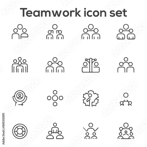Business Teamwork and Collaboration Outline Icon Set: Partnership, Group Work, Organization, Management, and Corporate Connection Vector Graphics