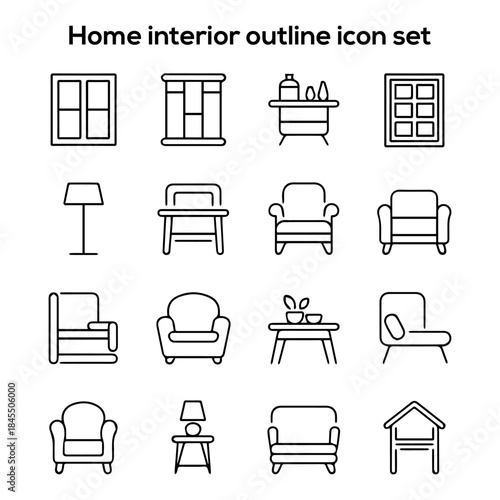 Modern Home Interior Furniture Outline Icon Set: Living Room Decor, Apartment Furnishings, and House Vector Graphics