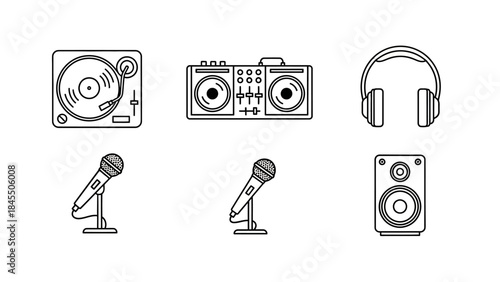 Dj equipment line art turntable mixer headphones microphone speaker icons