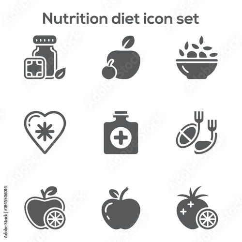 Nutrition, Diet, and Wellness Icon Set: Vitamins, Healthy Food, Supplements, and Organic Lifestyle Vector Graphics