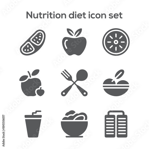 Nutrition, Diet, and Wellness Icon Set: Vitamins, Healthy Food, Supplements, and Organic Lifestyle Vector Graphics