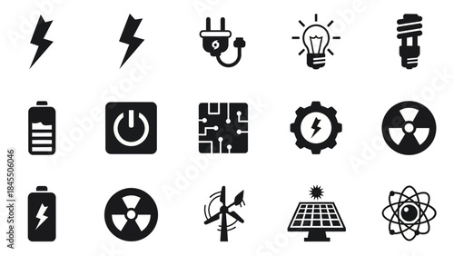 Energy and electricity icons power solar wind and nuclear energy