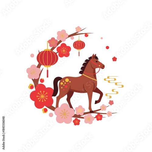Illustration of a brown horse surrounded by pink cherry blossoms, red lanterns, and gold coins on a white background, symbolizing Chinese New Year 2026 icons with a festive mood.