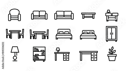 Furniture icons set sofa chair table bed desk shelf lamp and plant