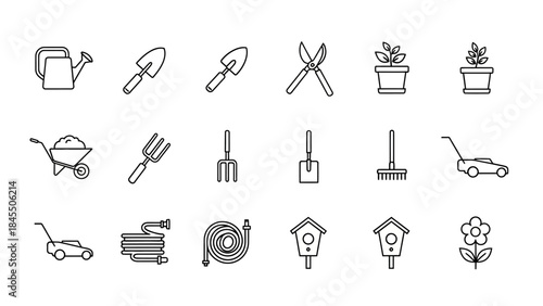 Garden tools set icons in outline style for design and decoration