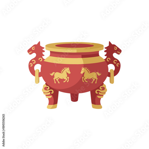 Illustration of a vibrant red Chinese New Year 2026 icon featuring a large urn with golden horse designs and ornate handles on a white background.
