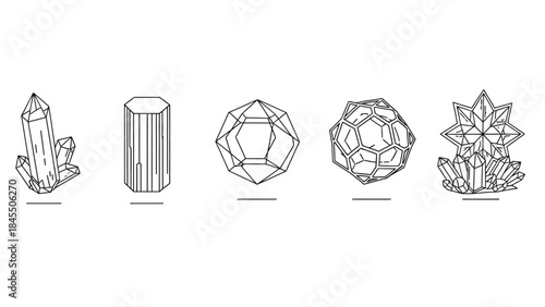 Geometric crystal formations in line art style for design and education