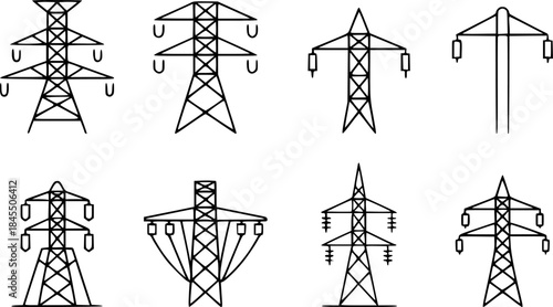 Collection of Diverse Electrical Transmission Tower Line Art Icons