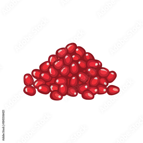 Pile of bright red pomegranate arils (seeds), healthy and juicy fruit seeds, antioxidant superfood vector illustration on white.