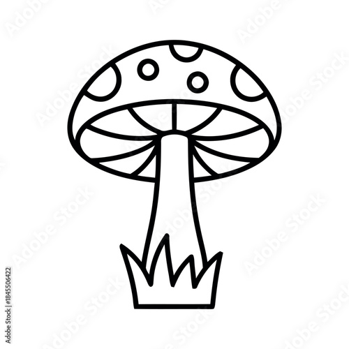 Black outline doodle of a fly agaric mushroom (Amanita muscaria) with white spots, standing in grass, minimalist line art vector.
