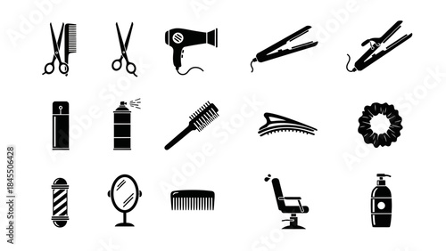 Hairdressing icons scissors combs dryer straightener barber pole isolated