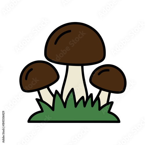 Colorful cartoon cluster of three brown cap mushrooms (Boletus or Porcini style) with beige stems, growing in green grass, simple vector illustration.