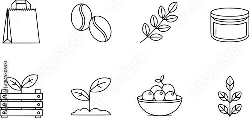 Collection of Line Art Icons Shopping Bag, Coffee Beans, Plant, Jar, and More