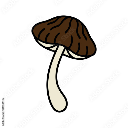 Colorful cartoon single mushroom with a brown wavy cap and curved beige stem, simple doodle style vector illustration on white background.