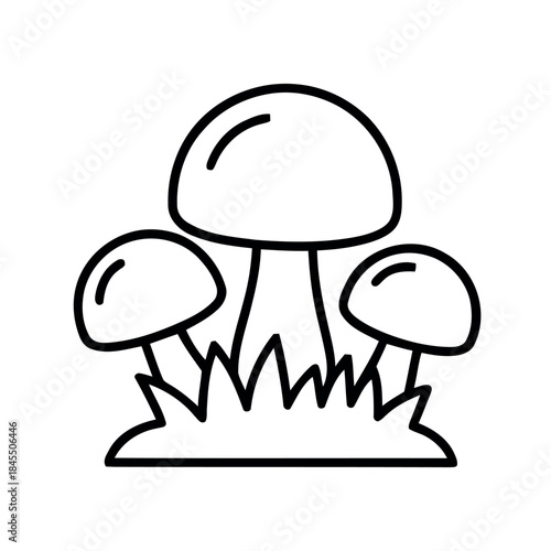 Black outline doodle of three mushrooms growing in grass, simple graphic illustration, perfect for a coloring book or nature icon design.