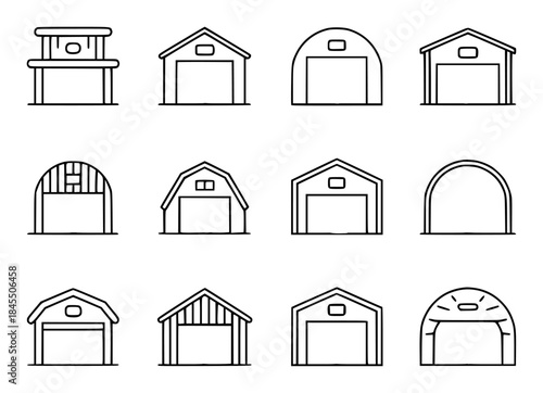 Collection of Simple Line Art Icons Representing Various Barn and Garage Styles