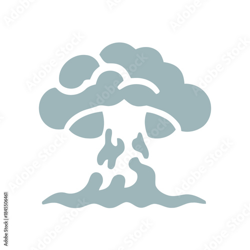 Simple grey silhouette of an atomic bomb explosion, mushroom cloud icon over water or land, symbolic illustration of danger or war.