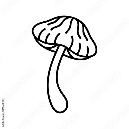 Black outline doodle of a single mushroom with a wavy cap and curved stem, simple graphic line art vector illustration for coloring.