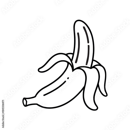 Black outline doodle of a peeled banana, simple line art vector illustration for a coloring book or healthy food icon.