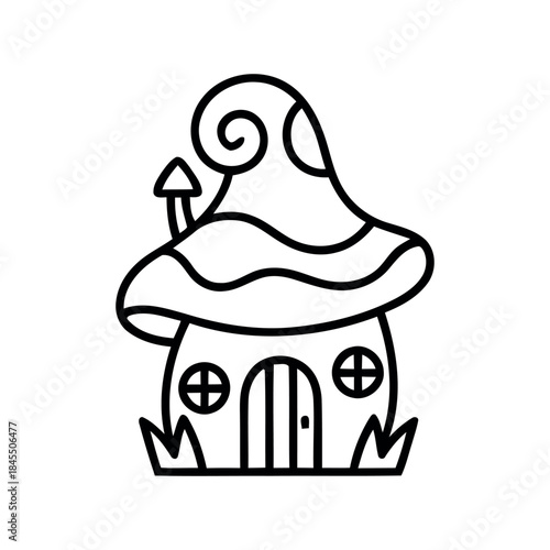 Black outline doodle of a whimsical mushroom fairy house with a chimney and round windows, simple line art vector for coloring or icon design.