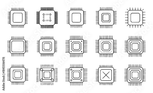 Collection of stylized computer microchip icons with various designs