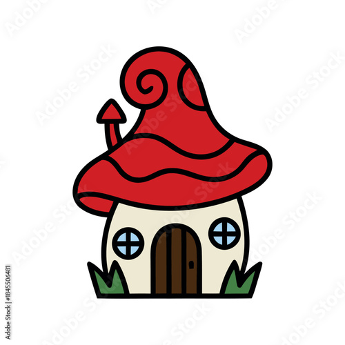 Whimsical red mushroom fairy house (toadstool home) with round windows and a wooden door, surrounded by grass, cute cartoon vector illustration.