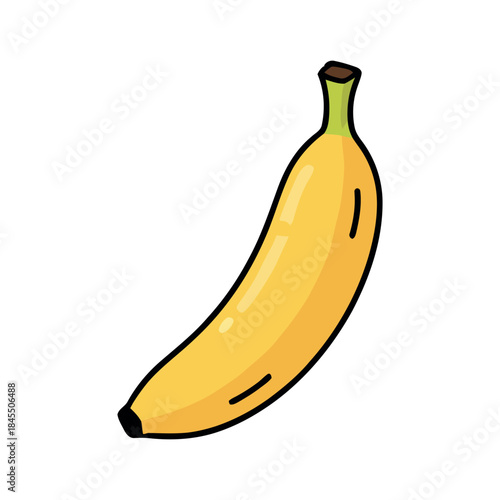 Colorful cartoon single yellow banana, whole ripe tropical fruit doodle, simple vector illustration on white background.