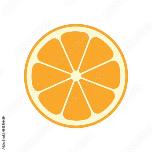 Round slice of orange with segments and rind, simple flat color vector illustration, ideal for juice and health concepts.