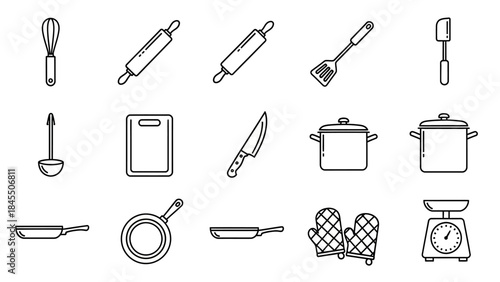 Kitchen utensils and tools illustrations in a minimalist black and white style