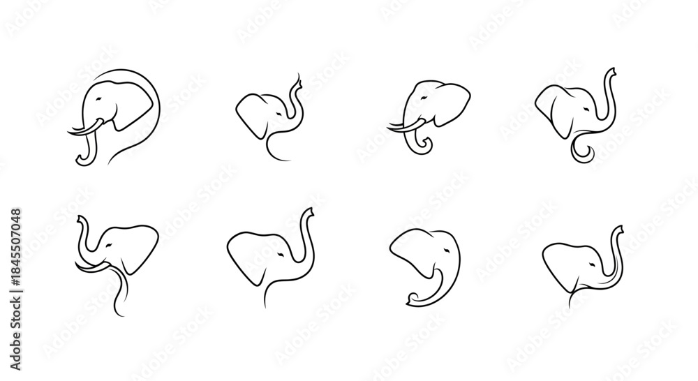 Fototapeta premium Minimalist elephant head logos set on white background for branding