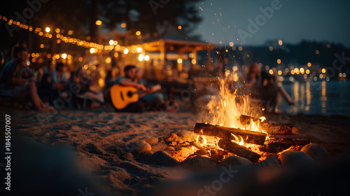 Warm bonfire burning brightly on a sandy beach at night with friends gathered around, enjoying music and string lights.