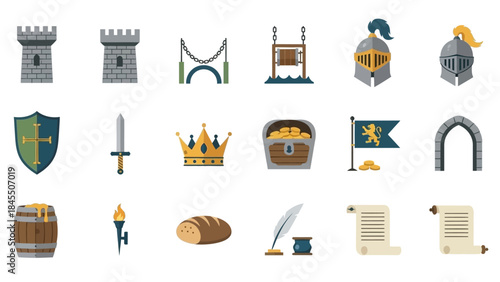 Medieval icon set fortress elements armor and treasure on white