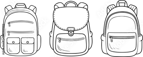 Three Black and White Line Art Backpacks for School or Travel