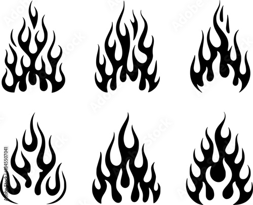 Six Black Flame Graphics on White Background